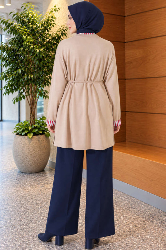 Beige Strick-Tunika Mit Doppelmanschette