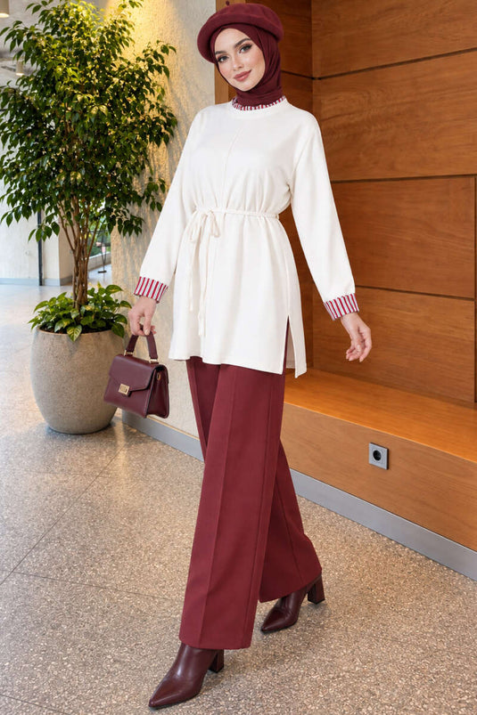 Beige Stricktunika Mit Doppeltem Ärmel