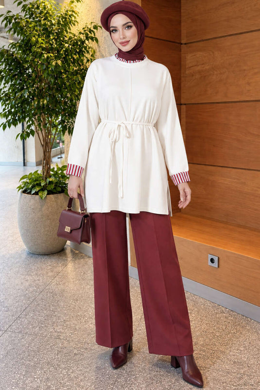 Beige Stricktunika Mit Doppeltem Ärmel