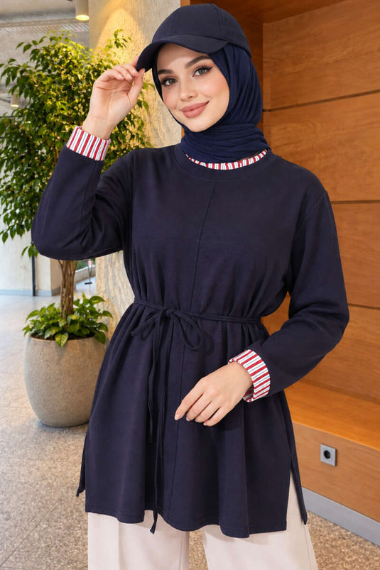 تونيك كتان بياقة مزدوجة أزرق داكن