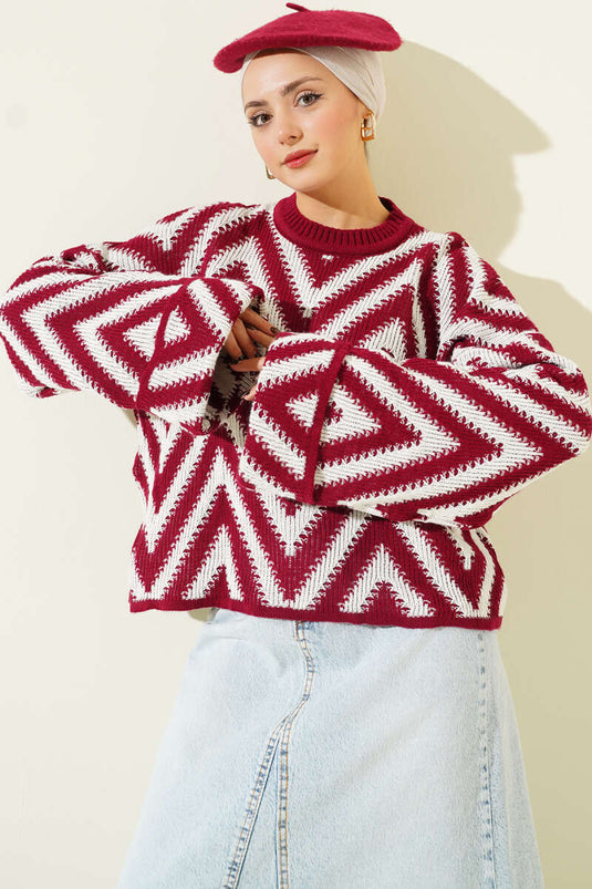 كنزة صوفية محبوكة بنمط متعرج بأكمام مزدوجة، لون عنابي