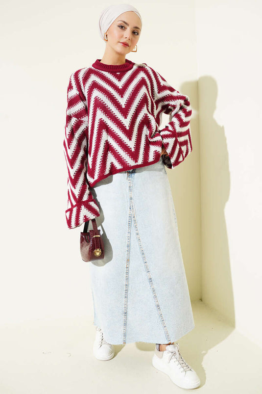 Double Sleeve Zigzag Pattern Knitted Sweater, Burgundy
