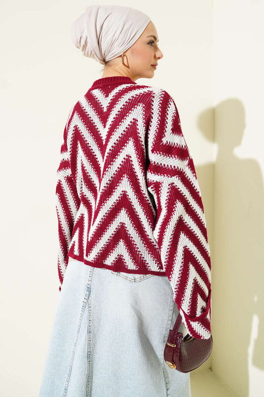 Double Sleeve Zigzag Pattern Knitted Sweater, Burgundy