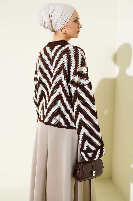 Double Sleeve Zigzag Pattern Knitted Sweater, Coffee
