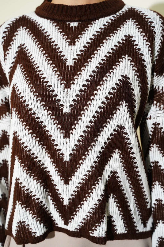 Double Sleeve Zigzag Pattern Knitted Sweater, Coffee