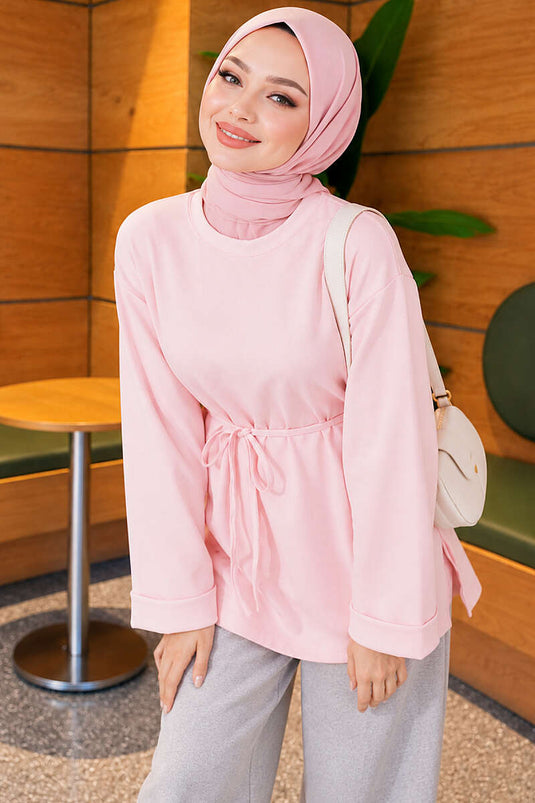 Duble Kollu İp Kuşaklı Tunik Pembe