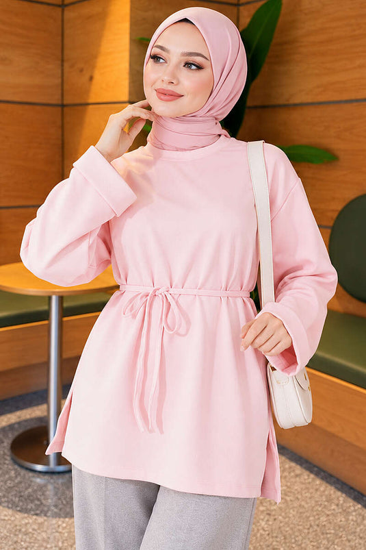 Duble Kollu İp Kuşaklı Tunik Pembe