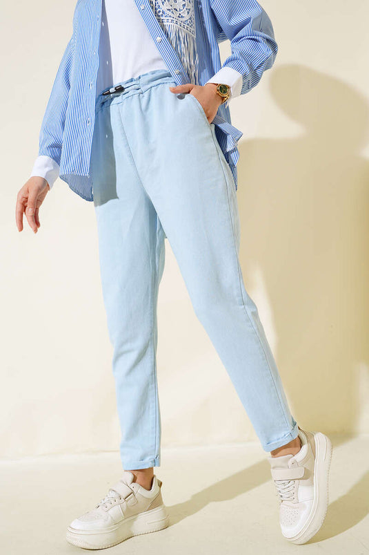 Pantalon En Denim Double Jambe Bleu Glace