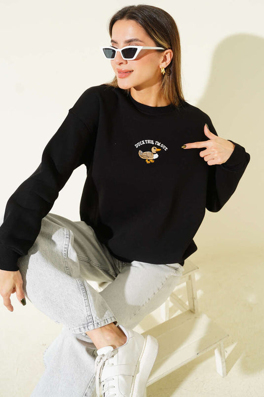 Sweat-shirt noir brodé de canard