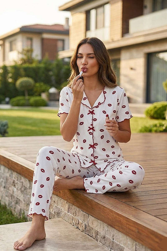 Dudak Baskılı Kısa Kollu Pijama Takımı Beyaz