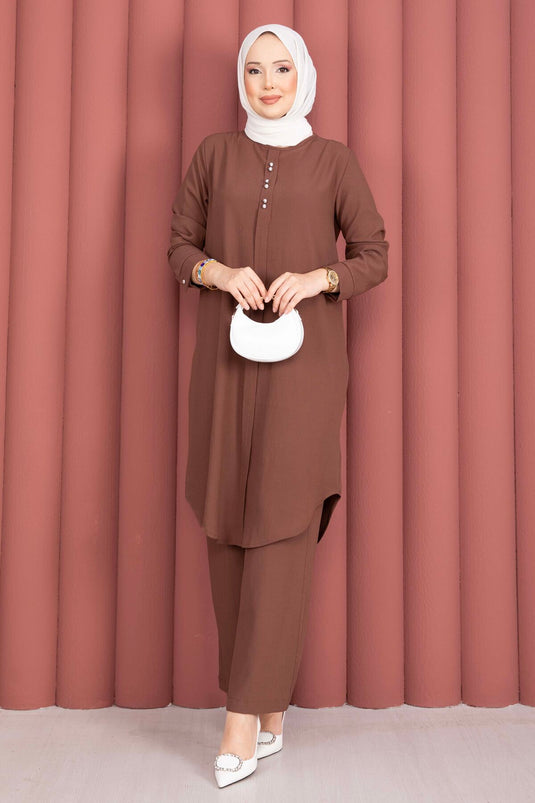 Ensemble tunique et pantalon avec bouton, couleur café