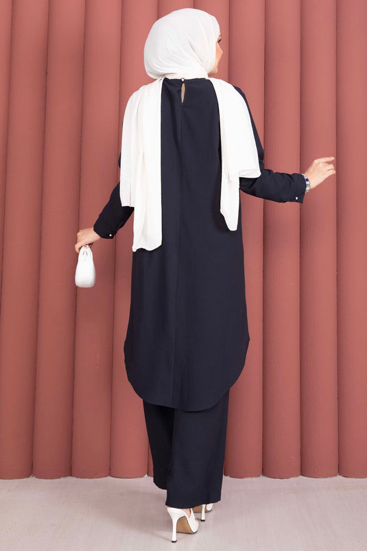 Button Accessory Tunic and Pants Set Navy Blue