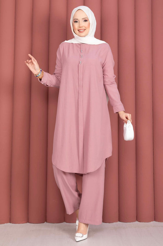 Ensemble tunique et pantalon avec bouton accessoire, couleur poudre