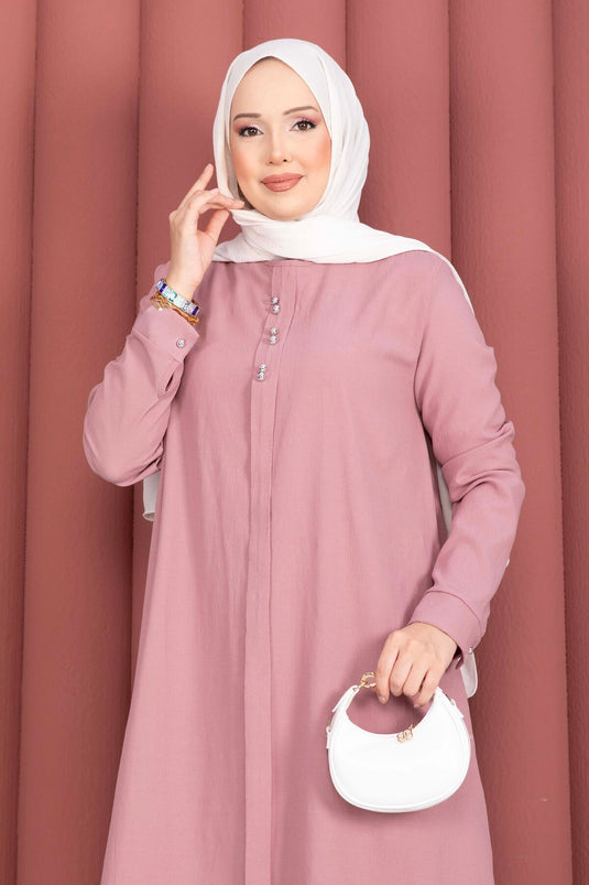 Ensemble tunique et pantalon avec bouton accessoire, couleur poudre