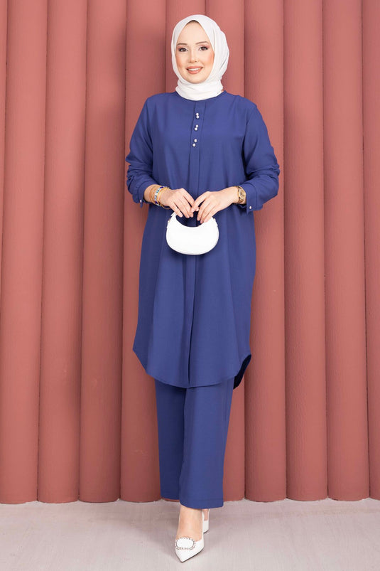 Ensemble tunique et pantalon avec bouton accessoire, bleu saphir