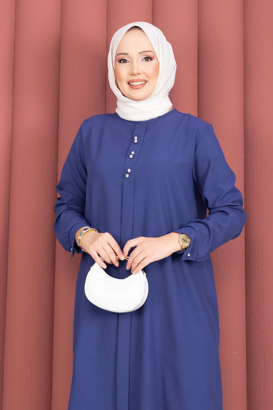 Ensemble tunique et pantalon avec bouton accessoire, bleu saphir