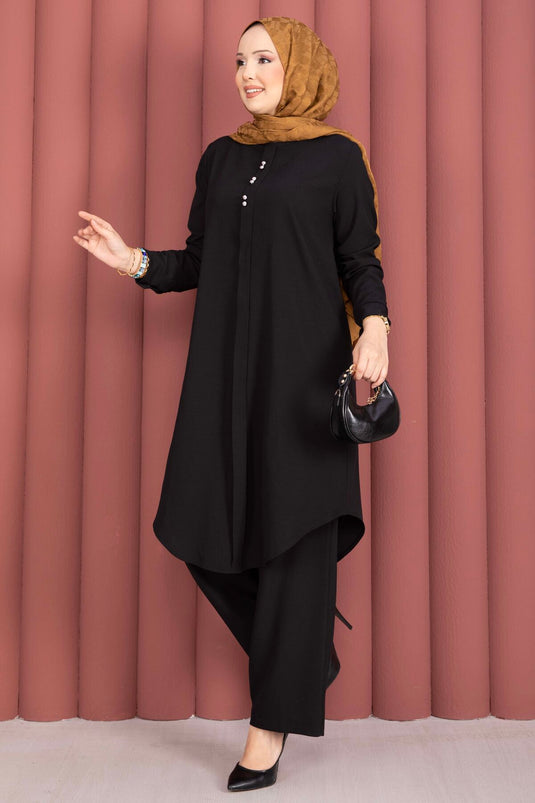 Ensemble tunique et pantalon avec bouton accessoire noir