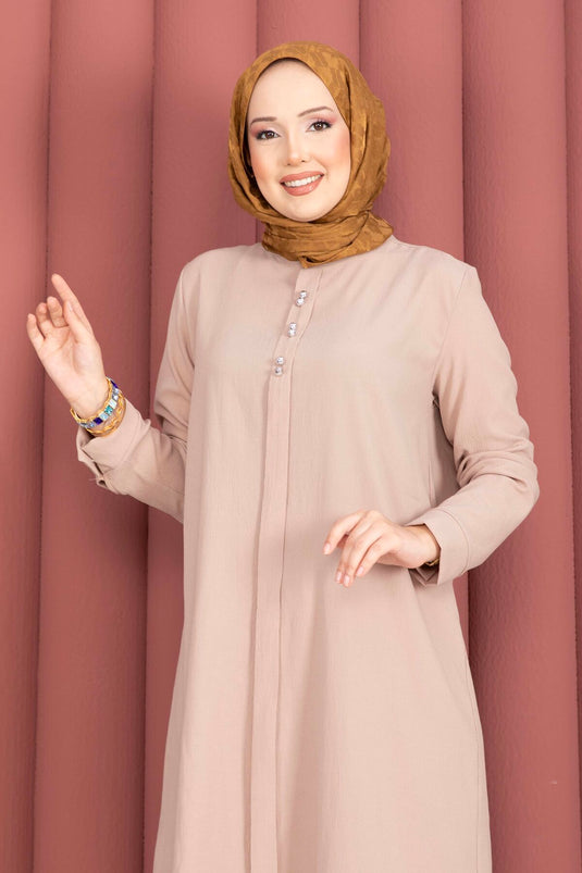 Ensemble tunique et pantalon avec bouton accessoire, couleur vison