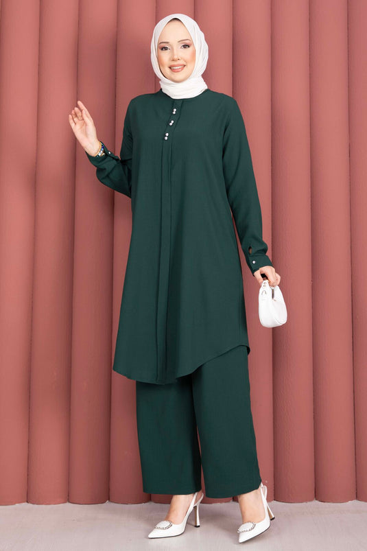 Ensemble tunique et pantalon avec bouton, couleur émeraude