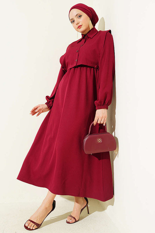 Robe double bordeaux avec ceinture élastique et boléro à boutons