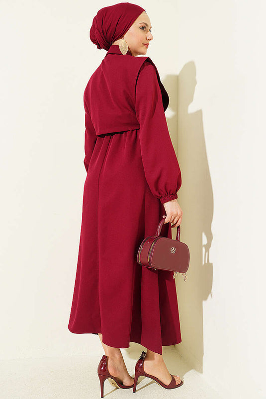 Robe double bordeaux avec ceinture élastique et boléro à boutons