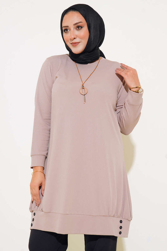 Plus-Size-Tunika mit Halskette mit Knopfdetail in Beige