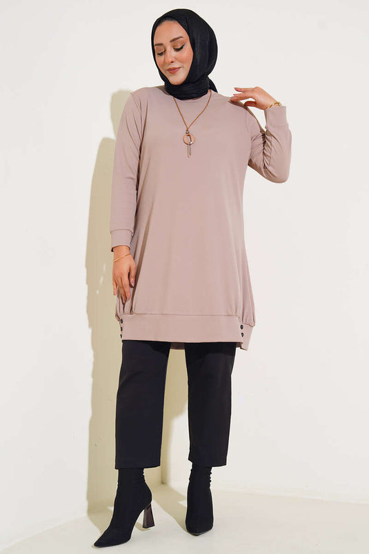 Plus Size Tuniek met Knoopdetail Ketting Beige