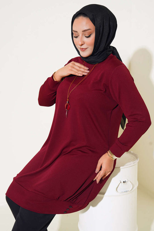 Tunique Grande Taille avec Collier Détail Boutons Rouge Claret