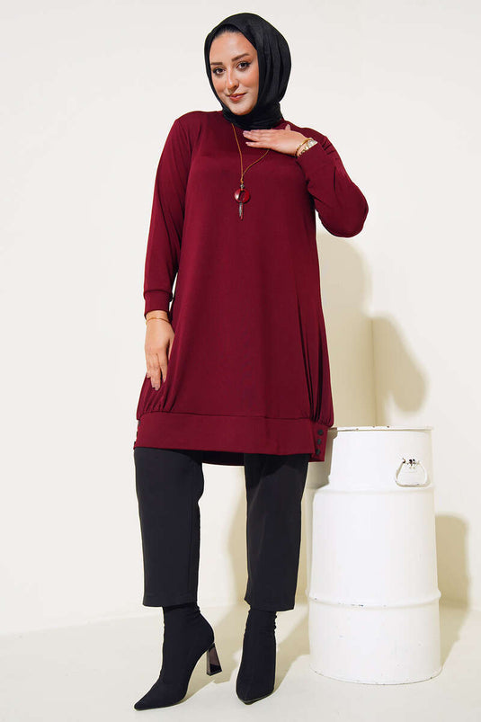 Tunique Grande Taille avec Collier Détail Boutons Rouge Claret