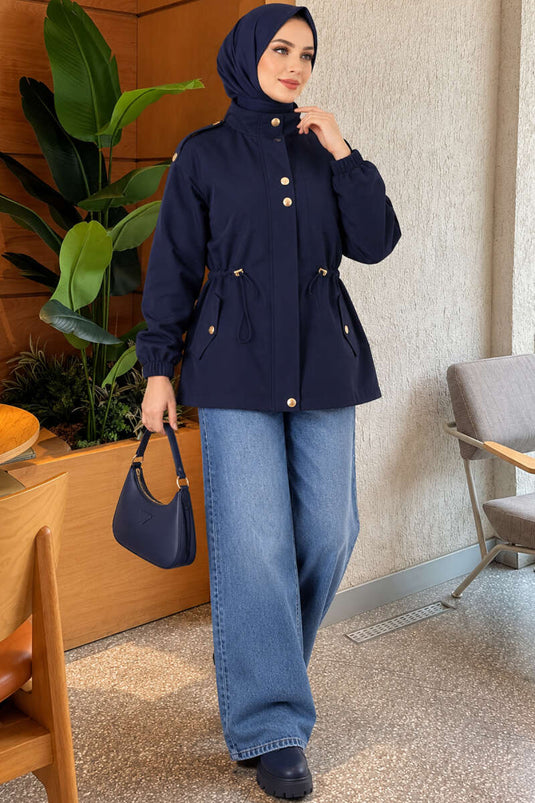 Navy Trenchcoat Met Knopen En Tailleband