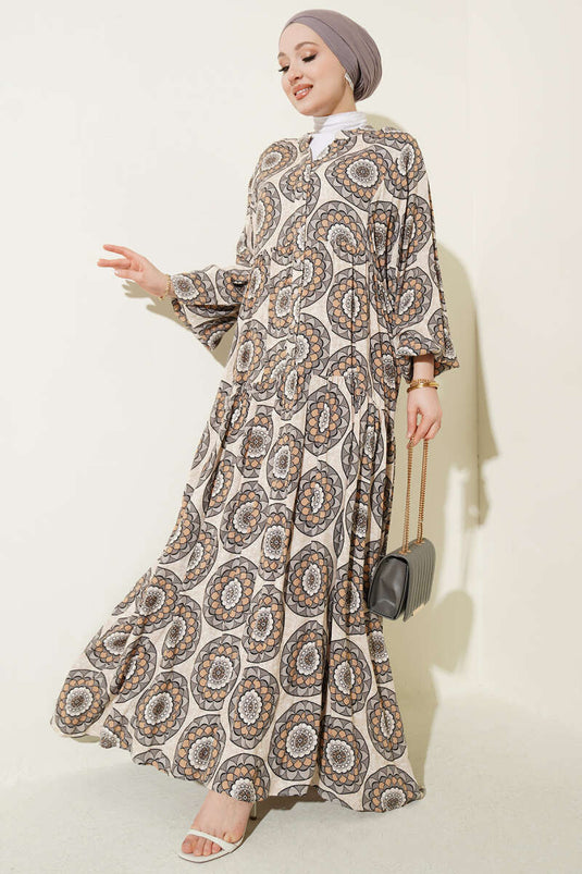 Button Detail Patterned Dress Gray