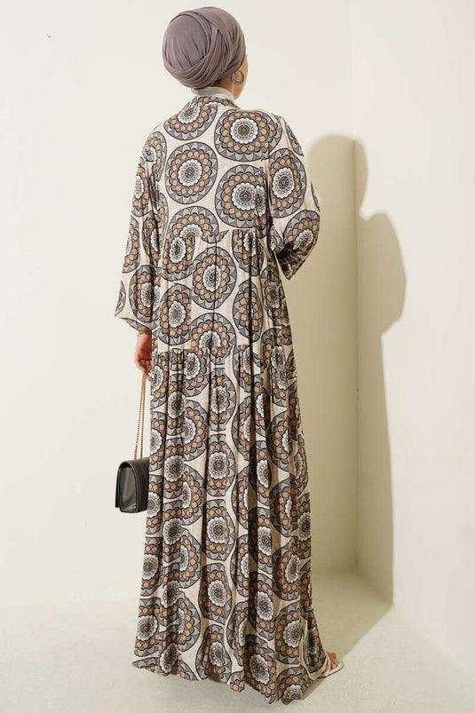 Button Detail Patterned Dress Gray