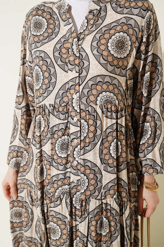 Button Detail Patterned Dress Gray