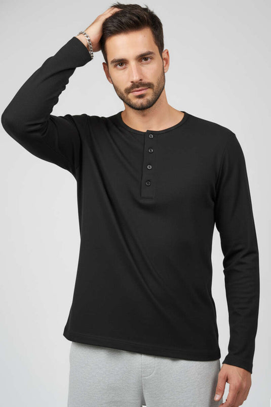 Düğme Detaylı  Erkek Sweatshirt Siyah