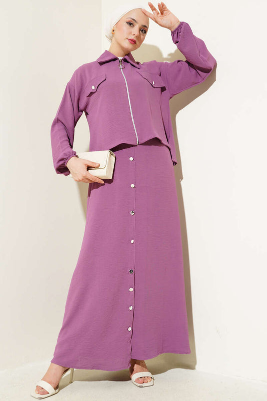 Button Detailed Zippered Ayrobin Vest Two Piece Set Magenta