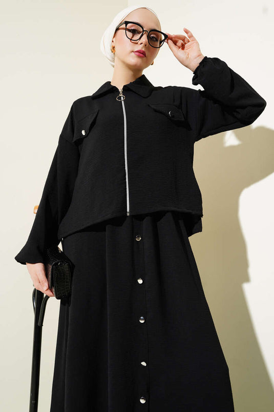 Ensemble deux pièces Ayrobin noir avec gilet zippé et boutons décoratifs