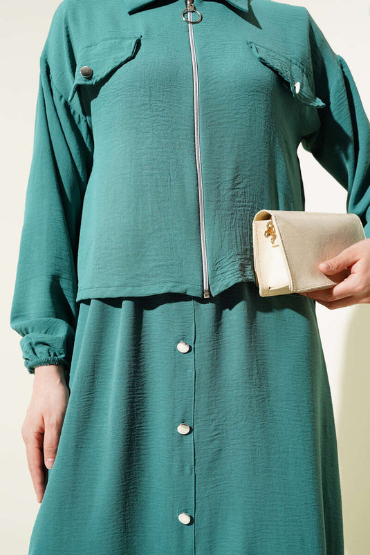 Button Detailed Zippered Ayrobin Vest Two Piece Set Green