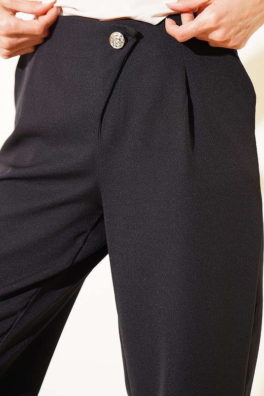 Hose mit Knopf- und Reißverschlussdetails Schwarz