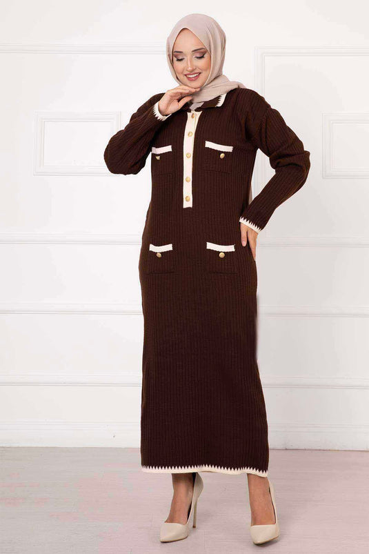 Button Detailed Knit Dress with Garnish Brown