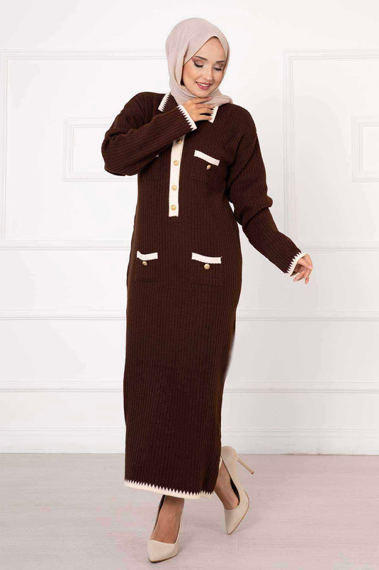 Button Detailed Knit Dress with Garnish Brown