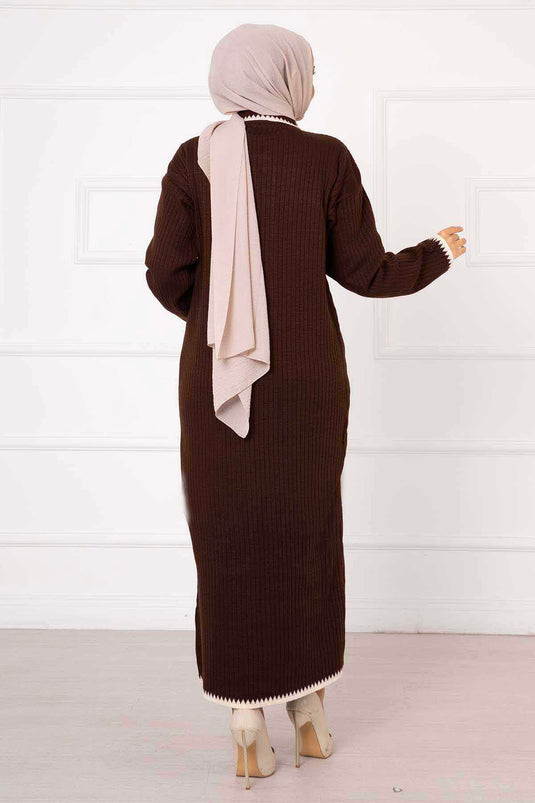 Button Detailed Knit Dress with Garnish Brown