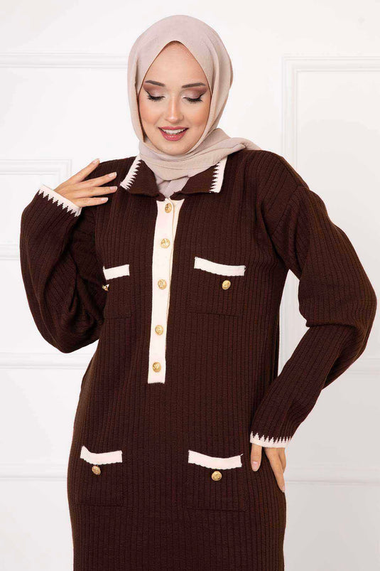 Button Detailed Knit Dress with Garnish Brown