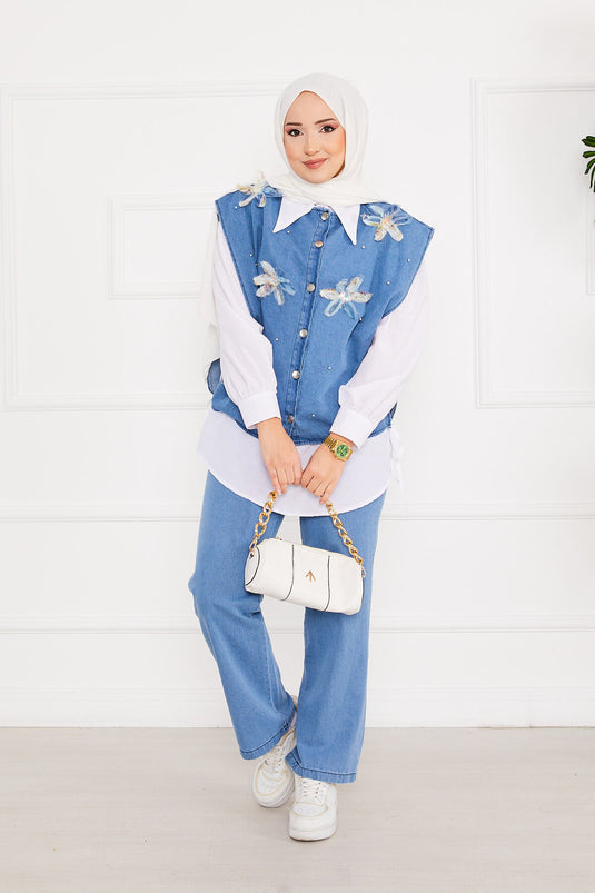 Button Detailed Double Layered Hijab Denim Set Blue