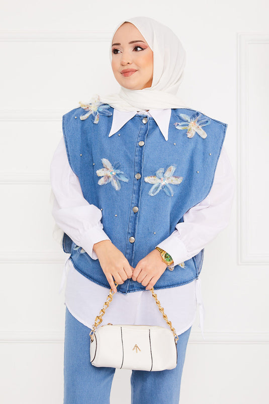 Button Detailed Double Layered Hijab Denim Set Blue