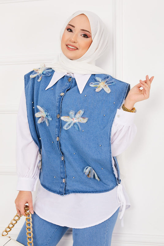 Button Detailed Double Layered Hijab Denim Set Blue