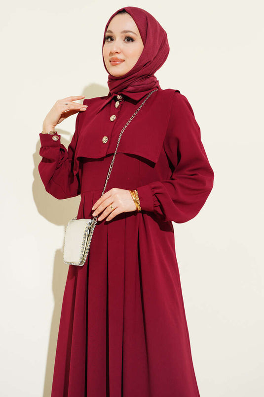 Button Detail Pinafore Dress Burgundy