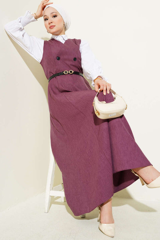 Button Detailed Belted Vest Dress Dusty Rose