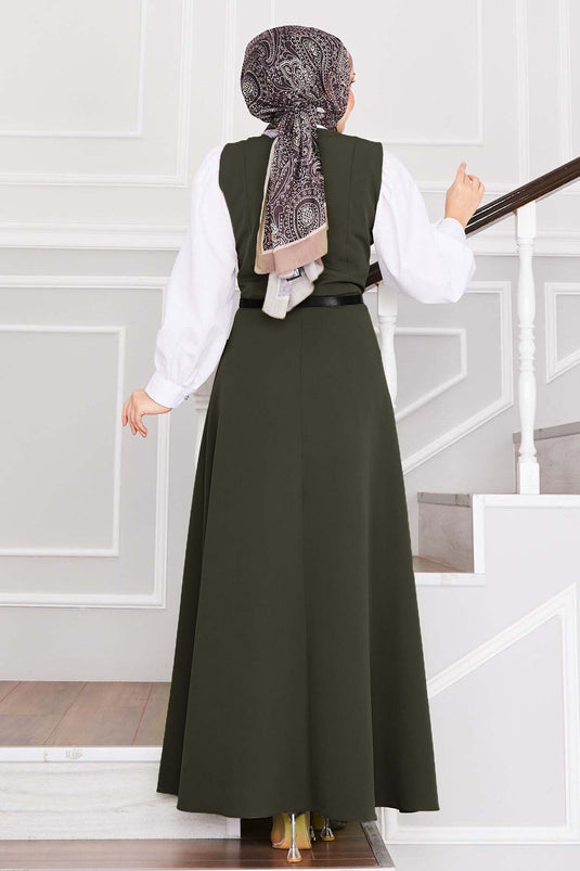 سترة حجاب بحزام وأزرار، لون كاكي