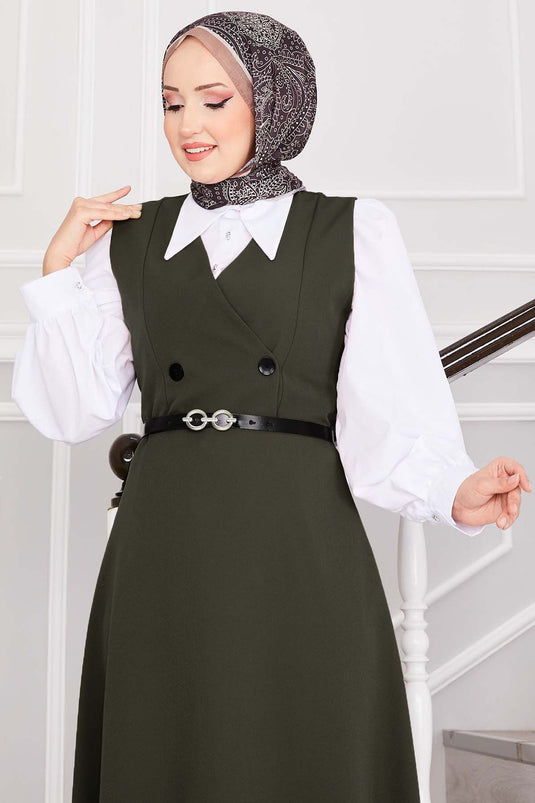 سترة حجاب بحزام وأزرار، لون كاكي