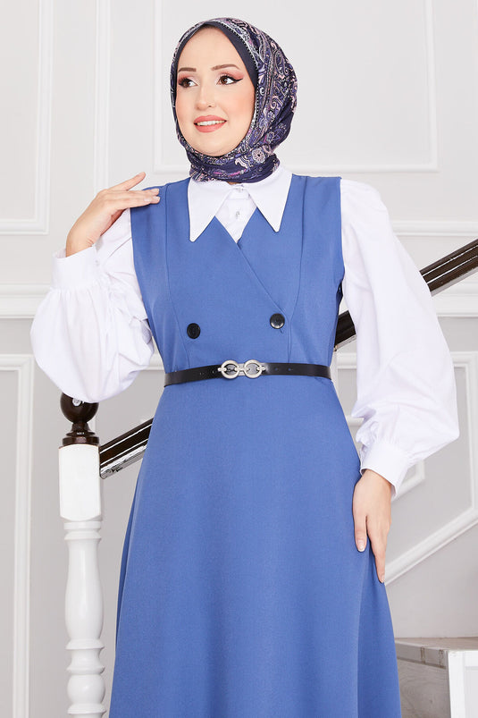 Hijab-Weste mit Knopfdetail und Gürtel, Indigoblau